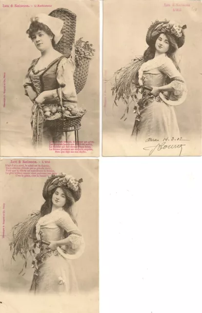Lot Of 3 Bergeret Women's 4 Seasons Summer Autumn Folklore Postcards