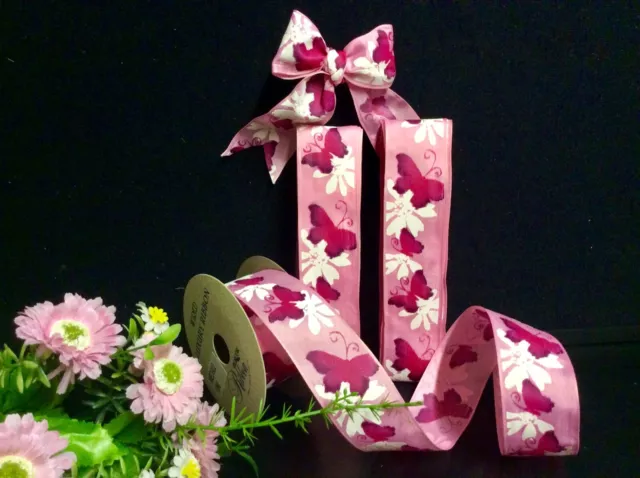 10mt PINK BUTTERFLY WIRED RIBBON. MOTHERS DAY. BOWS GIFTS DECOR CRAFTS 4cm