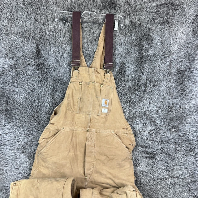 VTG Carhartt Duck Bib Overall Canvas Red Lined 36x32 Work Brown Distressed
