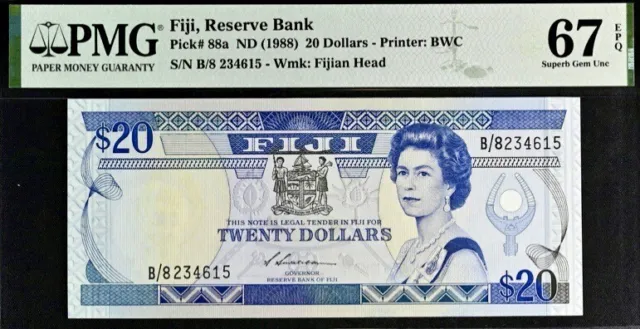 Fiji 20 Dollars Pick# 88a ND (1988) PMG 67 EPQ Superb Gem Unc Banknote