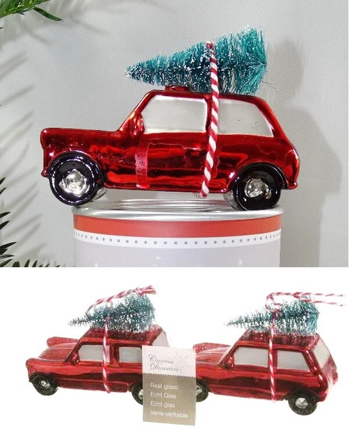 2x Deko-Hänger"Auto mit Baum"9cm Christbaum-Kugel Weihnachten Baumschmuck Glas