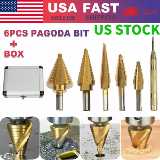 HSS 6PCS Titanium Step Drill Bit Set W Automatic Center Punch High Speed Steel