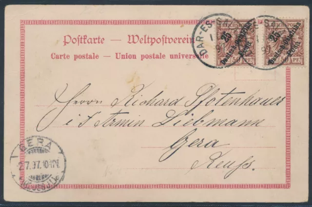 DOA Adler MeF Litho-AK Dar-Es-Salam + Zanzibar 1897 nach Gera Attest (S21601c)