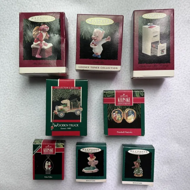 Vintage 90s Lot 8 Boxed Hallmark Ornaments Pink Panther Porky Pig Mini Nativity