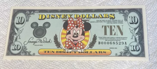 1990-D Block. $10 Disney Dollars. Minnie. Disney World. CU.