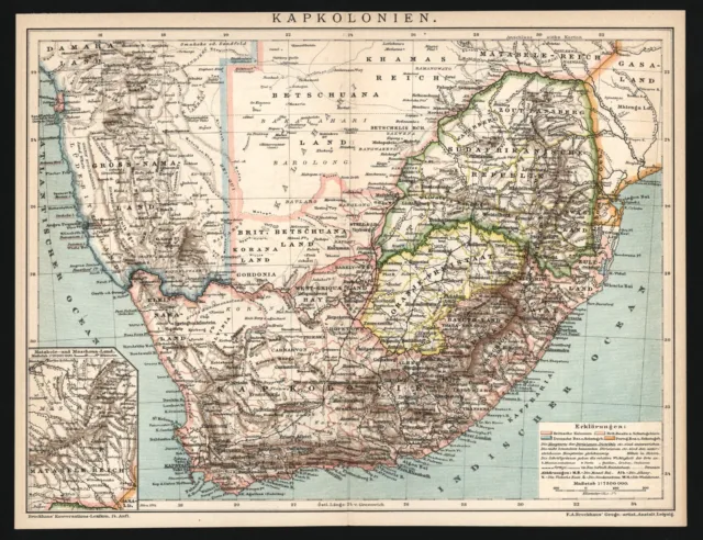Landkarte anno 1894 - Kapkolonien Südafrika Betchuana Oranje Natal DSWA Kapstadt