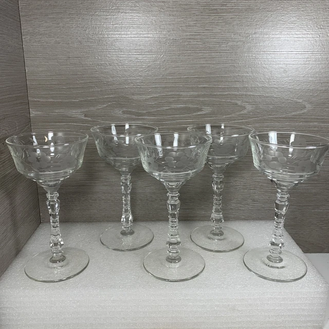 (5) VINTAGE CHAMPAGNE Coupe Glasses 1940s Art Deco Cocktail Cut