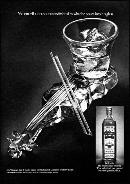 1974 Henry Halem Old Bushmills whiskey violin coaster retro photo print ad ads34