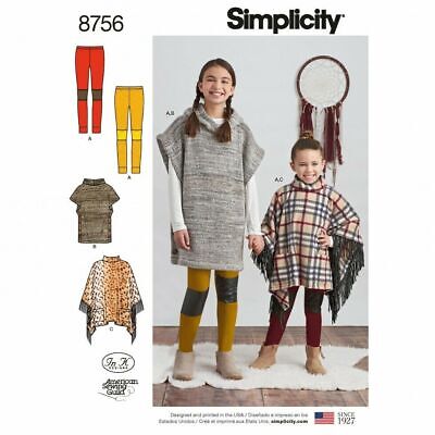 Simplicity Sewing Pattern 8756 Ragazze Leggings Tunica Poncho Top Età 3-6 & 7-14