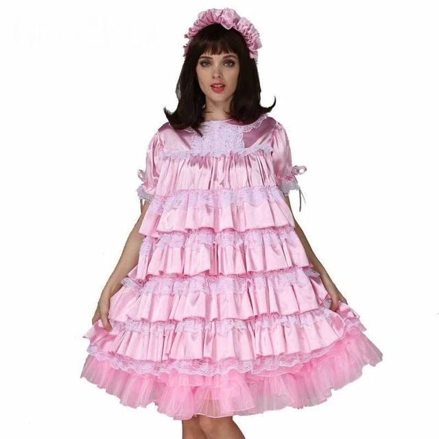 BABY SISSY MAID Girl Lockable Pink Satin Dress Cosplay Costume Tailor