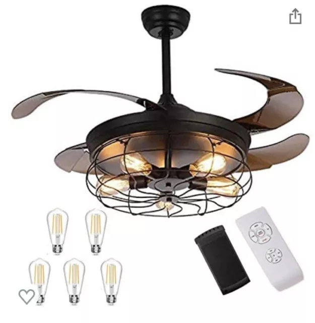 Ceiling Fan with Lights 42" Industrial Fans Retractable W/remote Living Kitchen