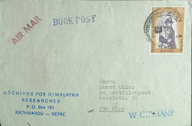 Népal 1972 Couverture Des Archives Pour Les Recherches Himalayanes Envoyées...