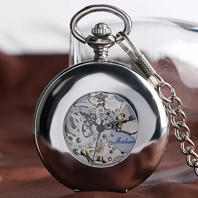 Orologio da taschino retrò da uomo mezzo cacciatore automatico scheletro catena tono argento liscio