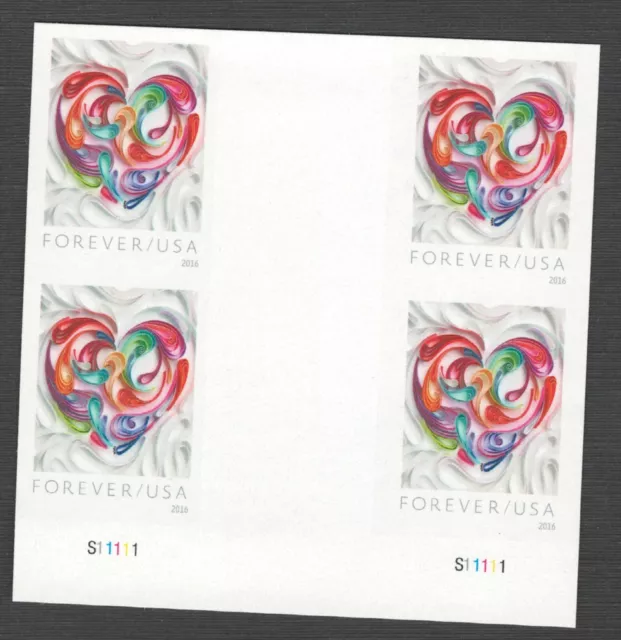 US. 5036a. (Forever). Quilled Paper Heart. Imperf PB4 w/Gutter. MNH. 2016