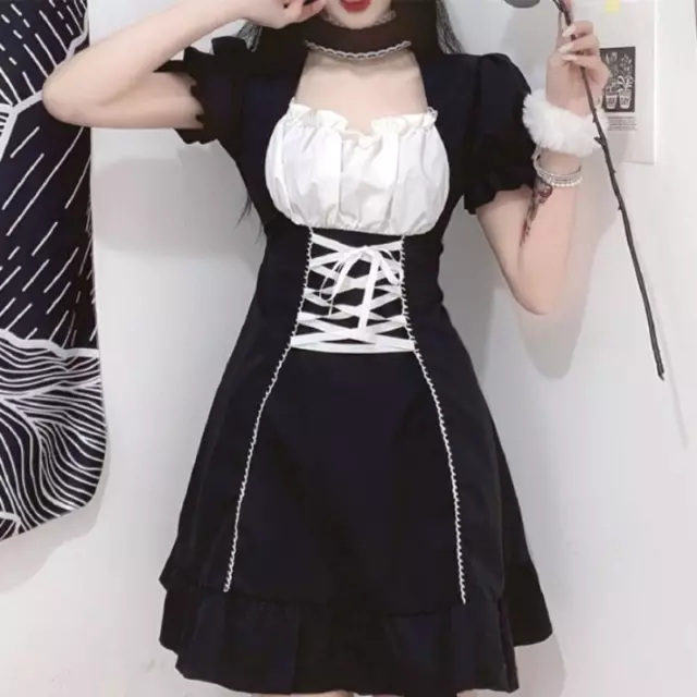 Donna Carino Abito Lolita a Balze Canotta Corto Manica a Sbuffo Gotico Punk Sexy