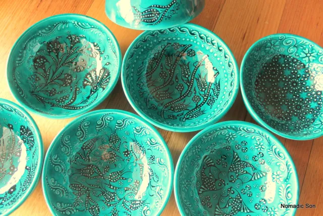 Turkish ceramic bowls - 12cm, handmade, hand painted Decorative Jade Green