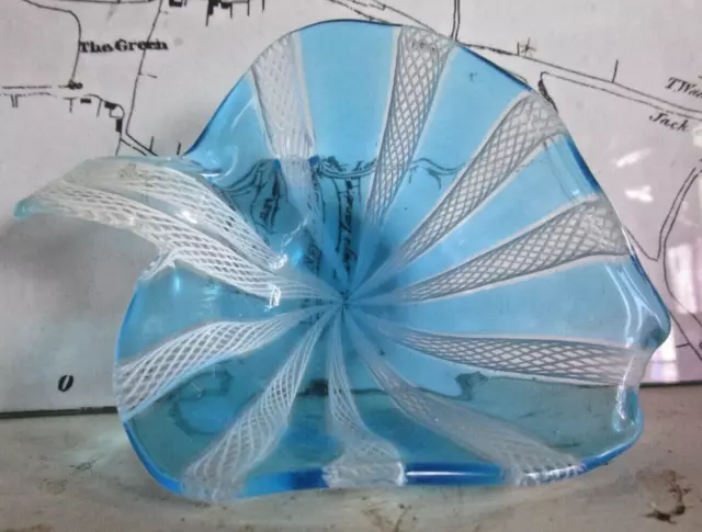 Vintage Murano Latticino Blue & White Leaf Shape Dish.