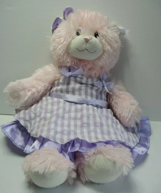 Build a Bear BAB Pink Fluffy Teddy bear 40cm Purple striped dress ear bows 2010