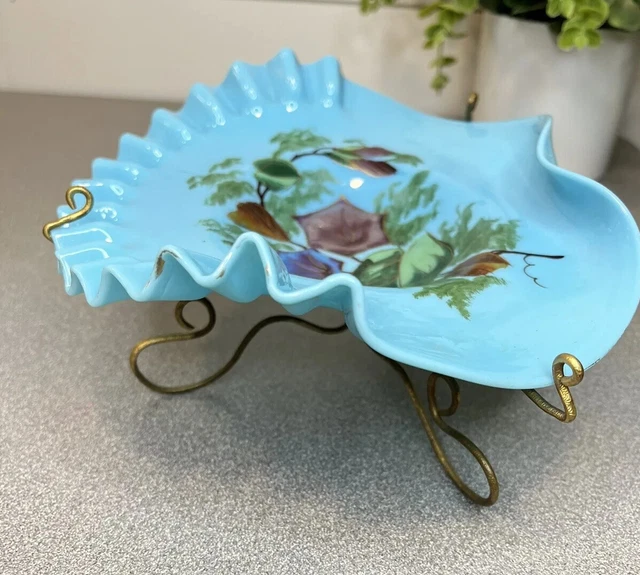 VICTORIAN Aqua Blue Opaque ART GLASS Basket / Bowl, BRASS STAND. 2 piece set.