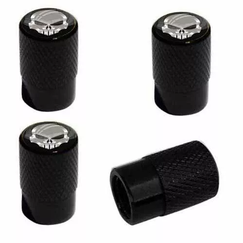 4 Black Billet Knurled Tire Wheel Valve Caps Car Truck GLOSS SILVER SKULL FACE