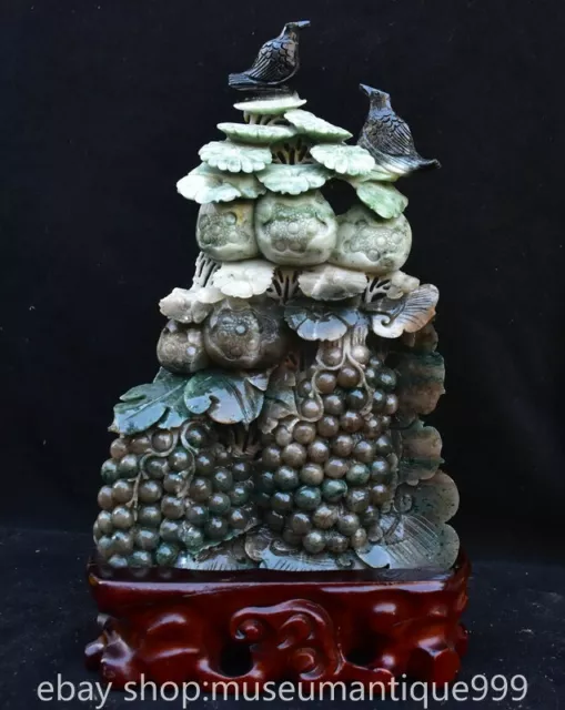 12.8" Chinese Natural Dushan Jade Carving Flower Bird Grape Statue Sculpture