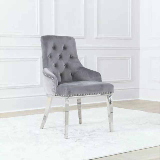 NICHES Knocker Back Dining Chairs Buttoned Ring Grey Velvet Studded Chrome Legs