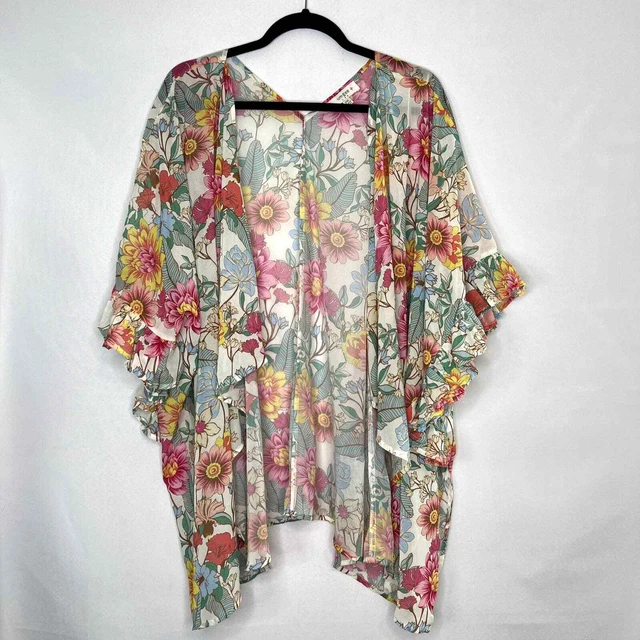 Umgee Kimono Womens Pink Green Floral Ruffle Sleeve Open Front Boho Size 2X