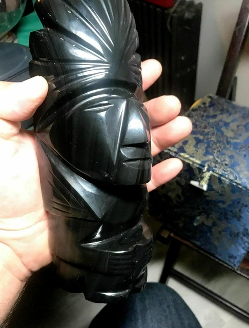 Large Vintage Carved Solid Black Onyx Hawaii Tiki Figure Sculpture Bust