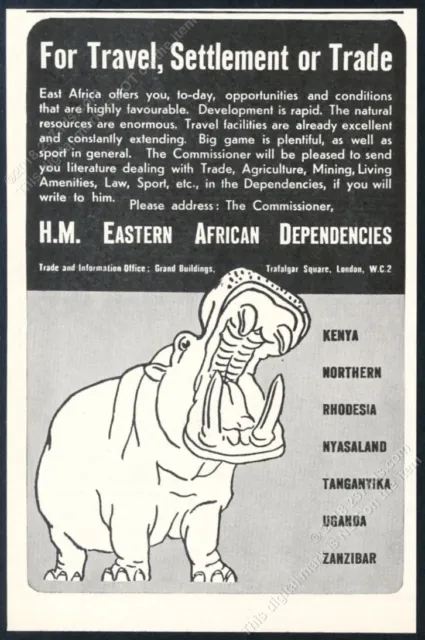 1937 hippo hippopotamus art East Africa travel and development vintage print ad
