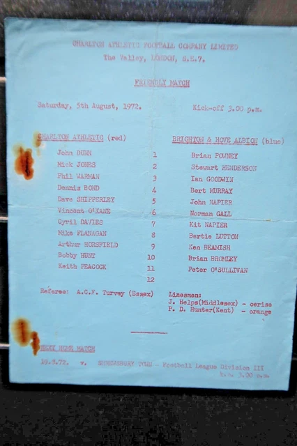 Charlton V Brighton Football Programme 1972 Friendly Pre Season