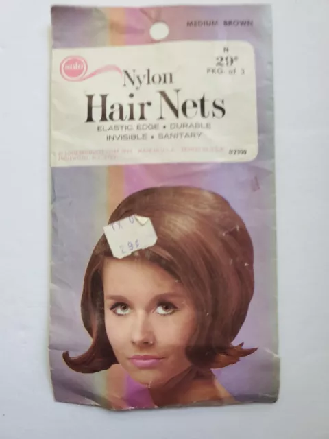 Nylon Hair Nets Vintage 3 Count Elastic Edge USA Medium Brown
