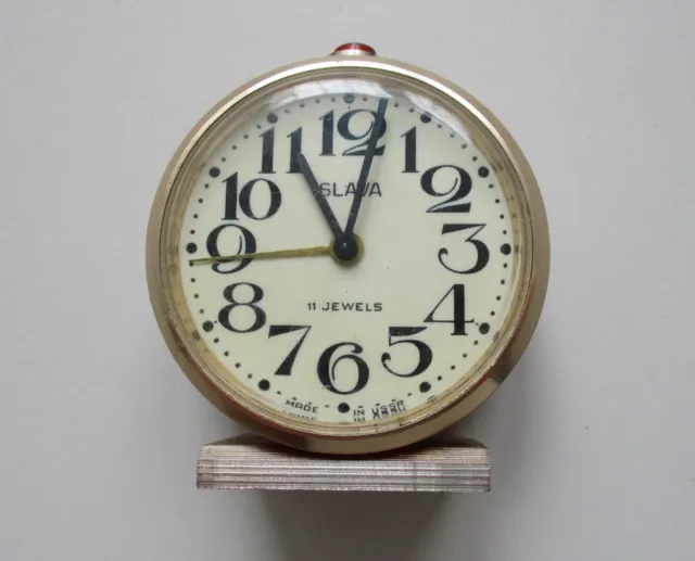 Mechanical alarm clock SLAVA 11 jewels Soviet USSR Old Collectible Vintage Rare