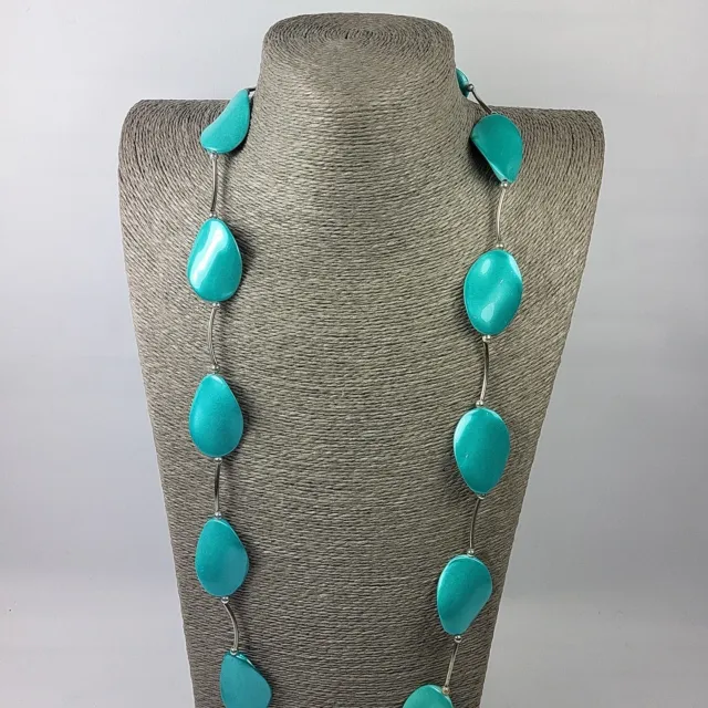 Long Statement Necklace Turquoise Blue Flat Plastic Beads Silver Tone Tube Chain