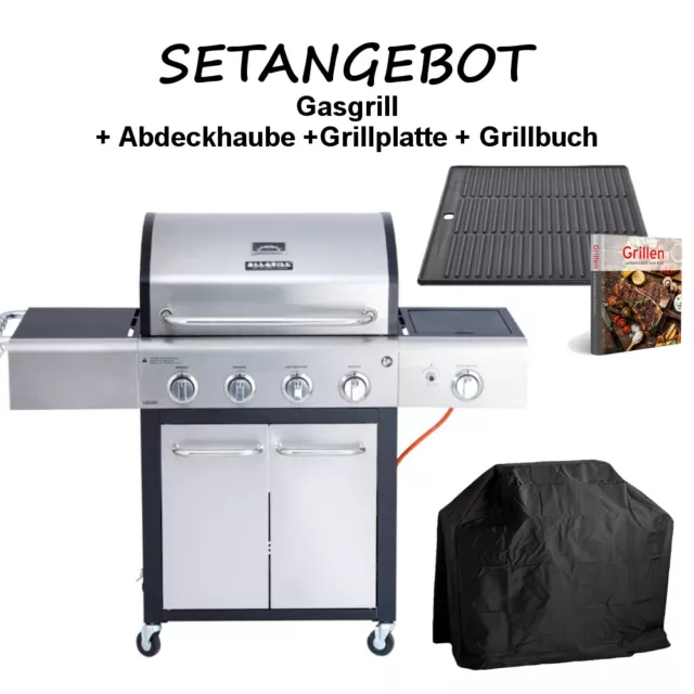 Allgrill BBQ Gasgrill FESTIVAL edelstahl + Grillplatte Grillbuch Abdeckhaube Set