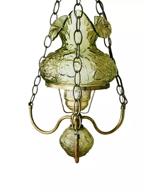 Vintage Fenton Glass Green Poppy Brass Swag Pendant Hanging Lamp