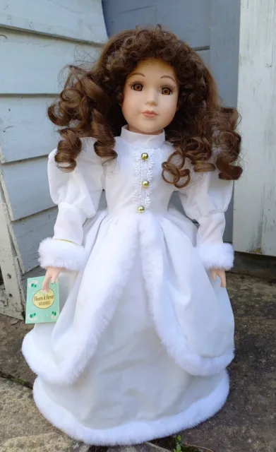 Winter Queen White Gown Porcelain Doll, Stand & Box. 16" tall. Hearts & Harvest