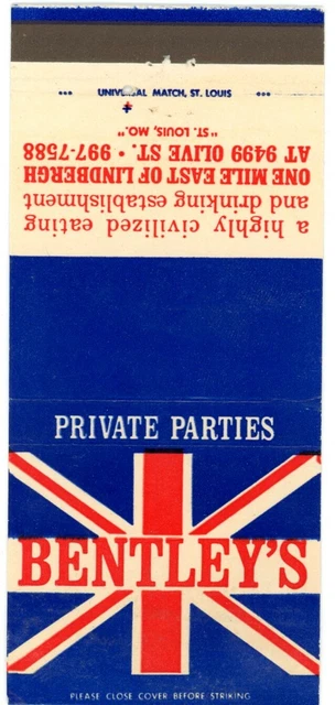 Bentley's, Restaurant, Private Parties, Eating, Drinking Vintage Matchbook Cover
