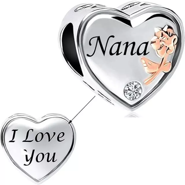 Flower Heart I Love You Nana S925 Sterling Silver Bead Charm for Women