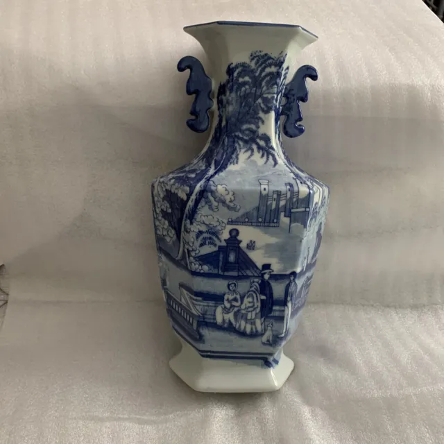 Antique Blue & White English Victoria Ware Ironstone Vase Stamped With Handles
