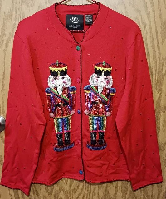 Michael Simon NUTCRACKER Sequin Red Cardigan Toy Soldier Christmas Sweater M/L