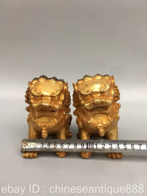 12cm Chinese Bronze Gilt Foo Fu Dog Guardion Lion Ball Lionet Animal Statue Pair 3