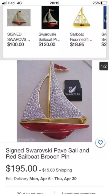 rara spilla firmata Swarovski barca a vela rossa vintage 3
