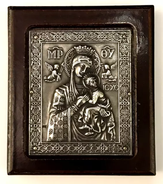 950 SILVER GREEK ICON - BYZANTINE THEOTOKOS - MOTHER OF GOD - 4.25 T x 3.75 W