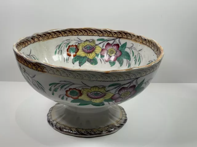 Staffordshire Antique Polychrome Footed Punch Bowl 26cm With Floral Transferware