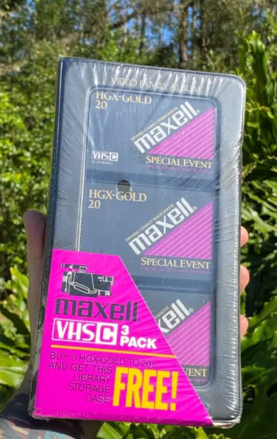 Paquete de 3 cintas Maxell VHS-C HGX-Dorada TC-20 con estuche de biblioteca de almacenamiento gratuito NUEVO SELLADO