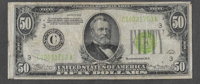 FR 2102-C $50 Philadelphia Series of 1934 Light Vivid Yellow-Green Seal FRN