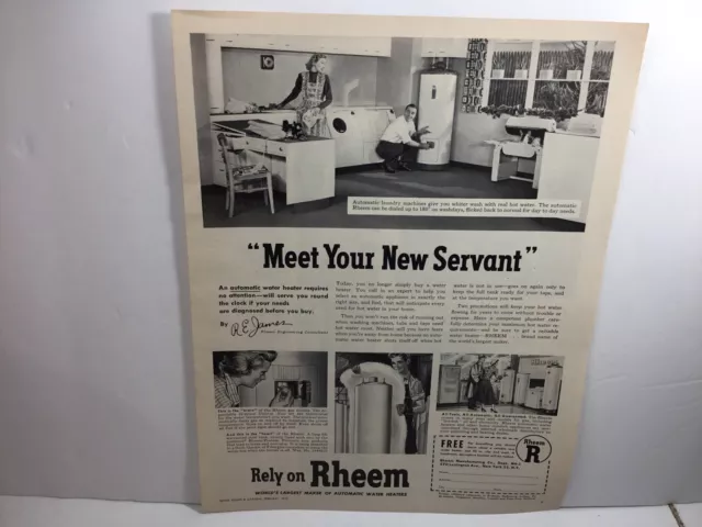 Rheem Water Heaters 1949 Original Print Ad. Meet your new servant.