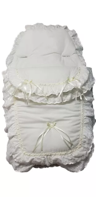 Frilly Broderie Anglaise Universal Fitting for Pushchair Liner Cream Ribbons