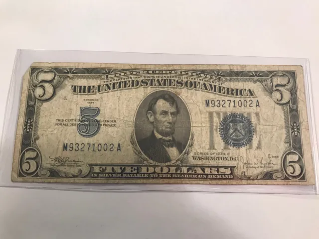 1934 C Five Dollar Silver Certificate $5 Bill Blue Seal