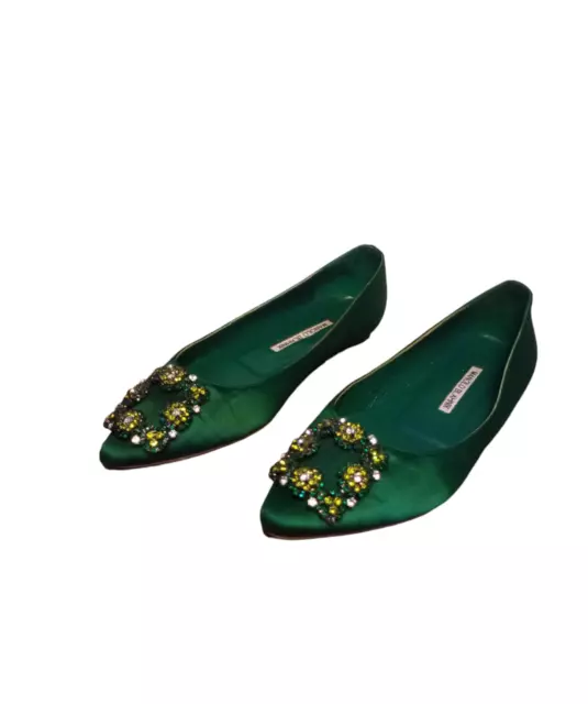 Manolo Blahnik Hangisi Embellished Green Satin Flats Size 37 US 7